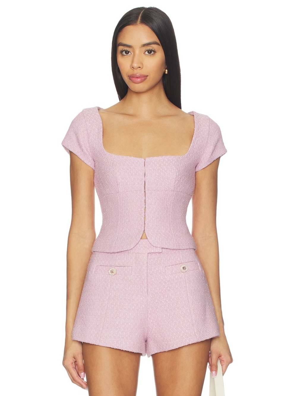 NEW Lovers + Friends Pink Tweed Square-Neck Cap Sleeve Top